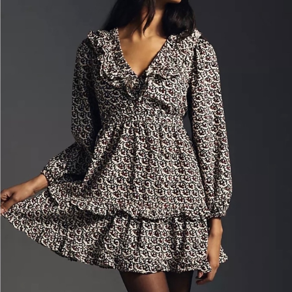NWT PILCRO by Anthropologie Floral Cord Ruffle Long Sleeve Mini Dress Size Large